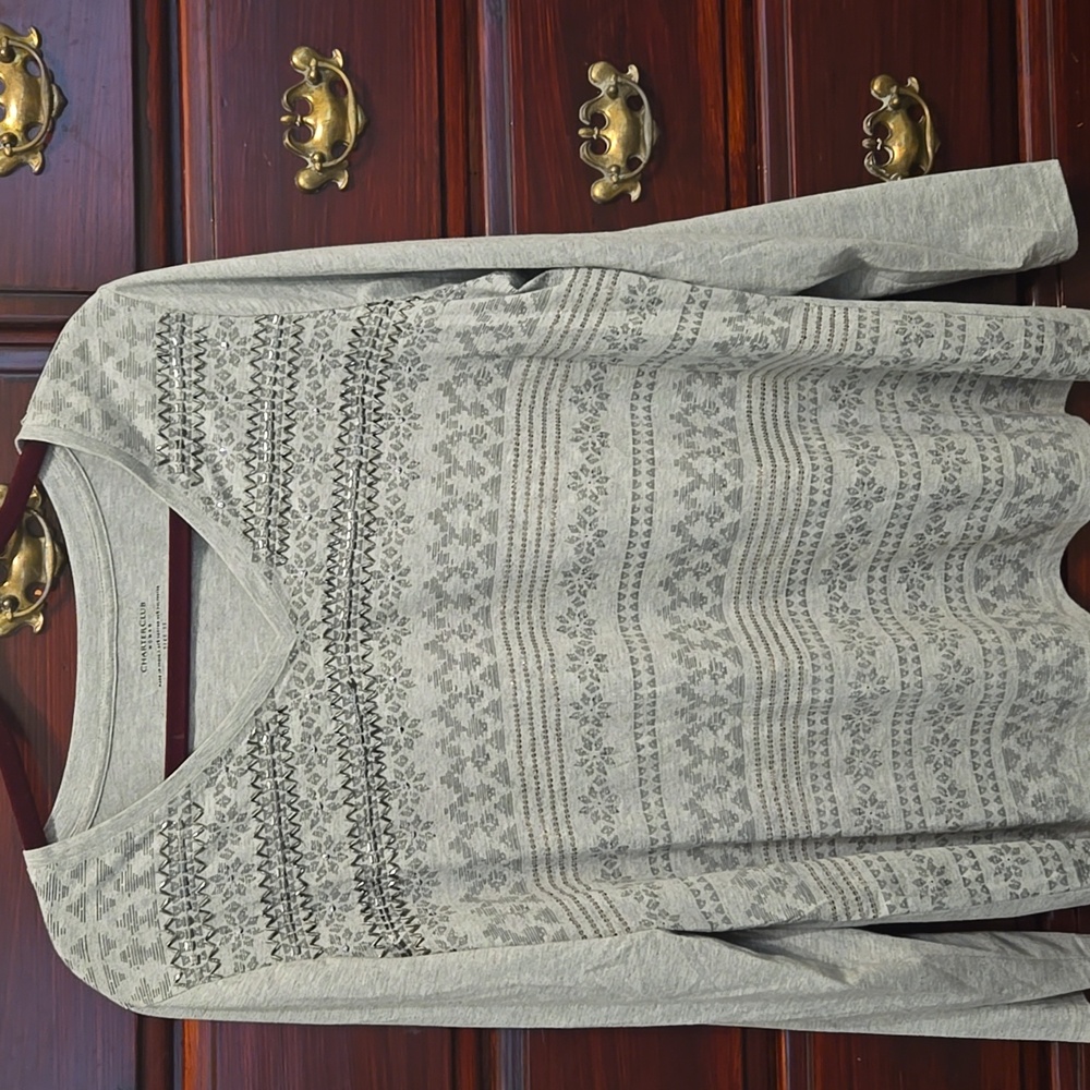 Charter Club Light Gray Patterned & Embellished V-Neck Top
